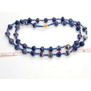 Beaded Necklace Blue and Purple Glass and Paper Vintage Style 32" Li301